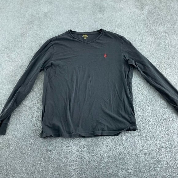 Polo Ralph Lauren Mens Long Sleeve Gray V-Neck Shirt Logo Size L 100% Cotton 338 - Picture 1 of 8